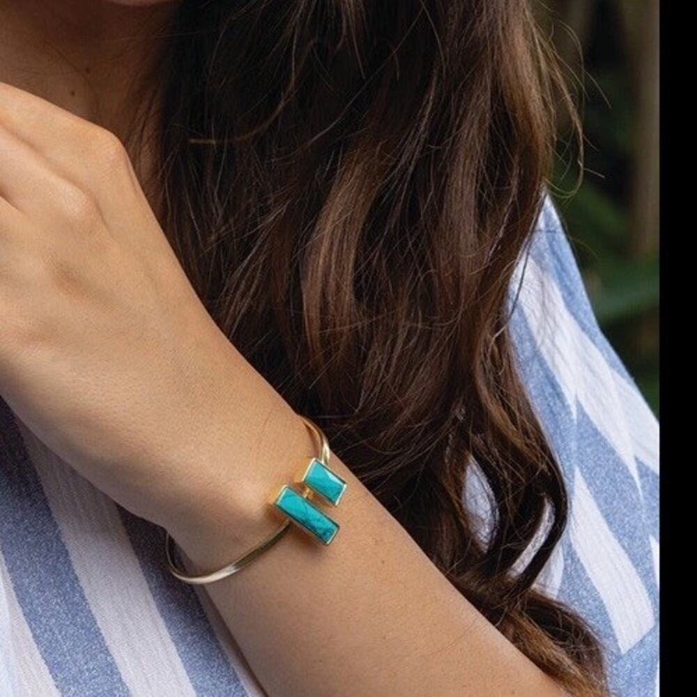 “Green Eyes” Bracelet Thin Cuff Gold Tone Adjustable from Myra NEW Synthetic Sto